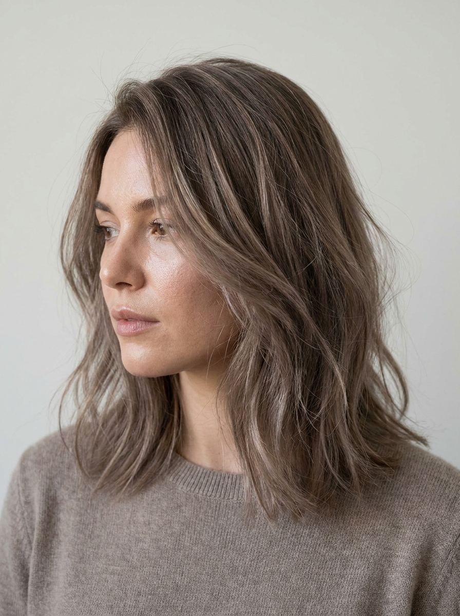 Mushroom brunette cool taupe hair