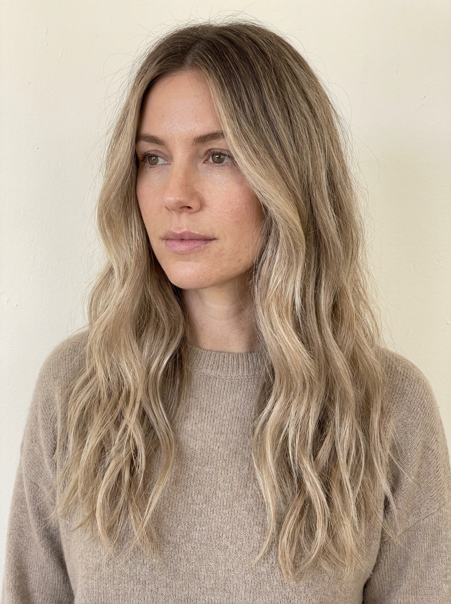 Beige blonde hair with shadow roots