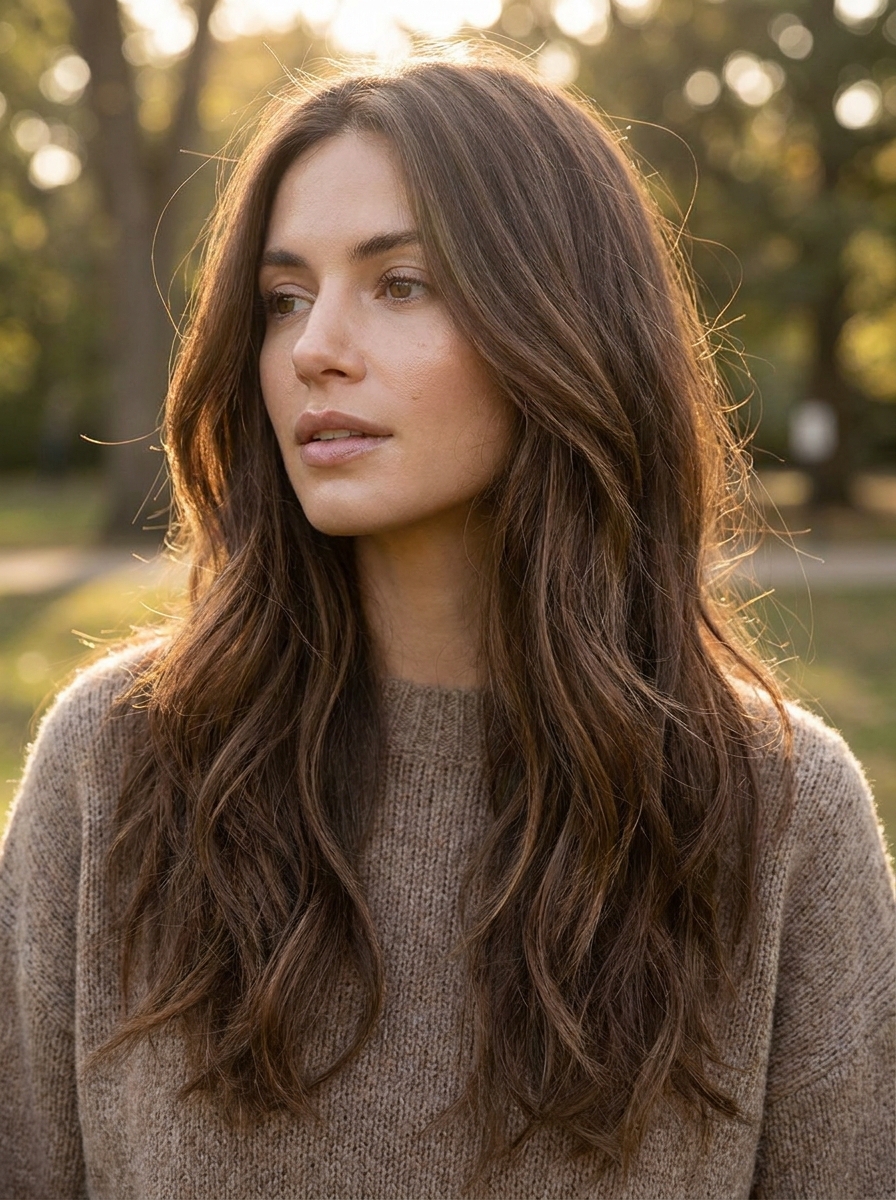 Dimensional autumn brunette hair color