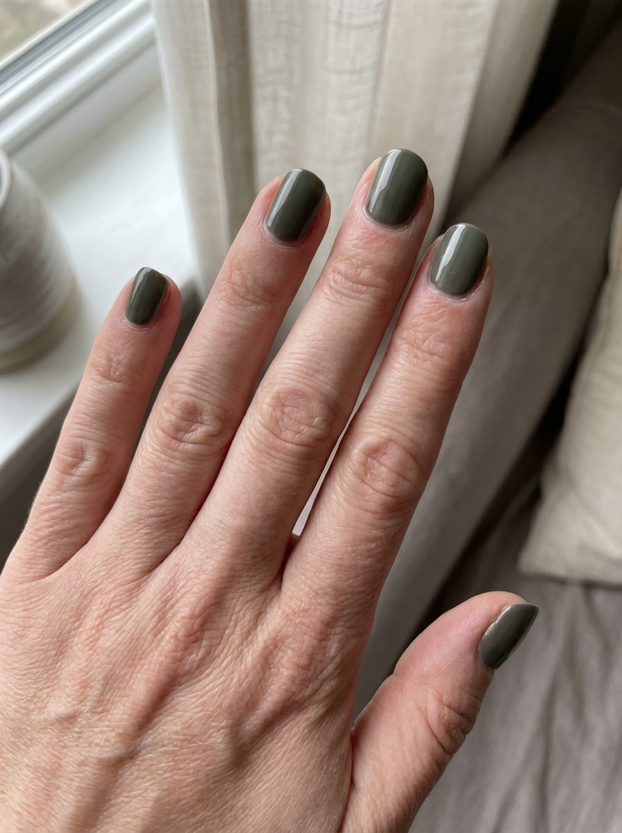 Glossy olive green nails