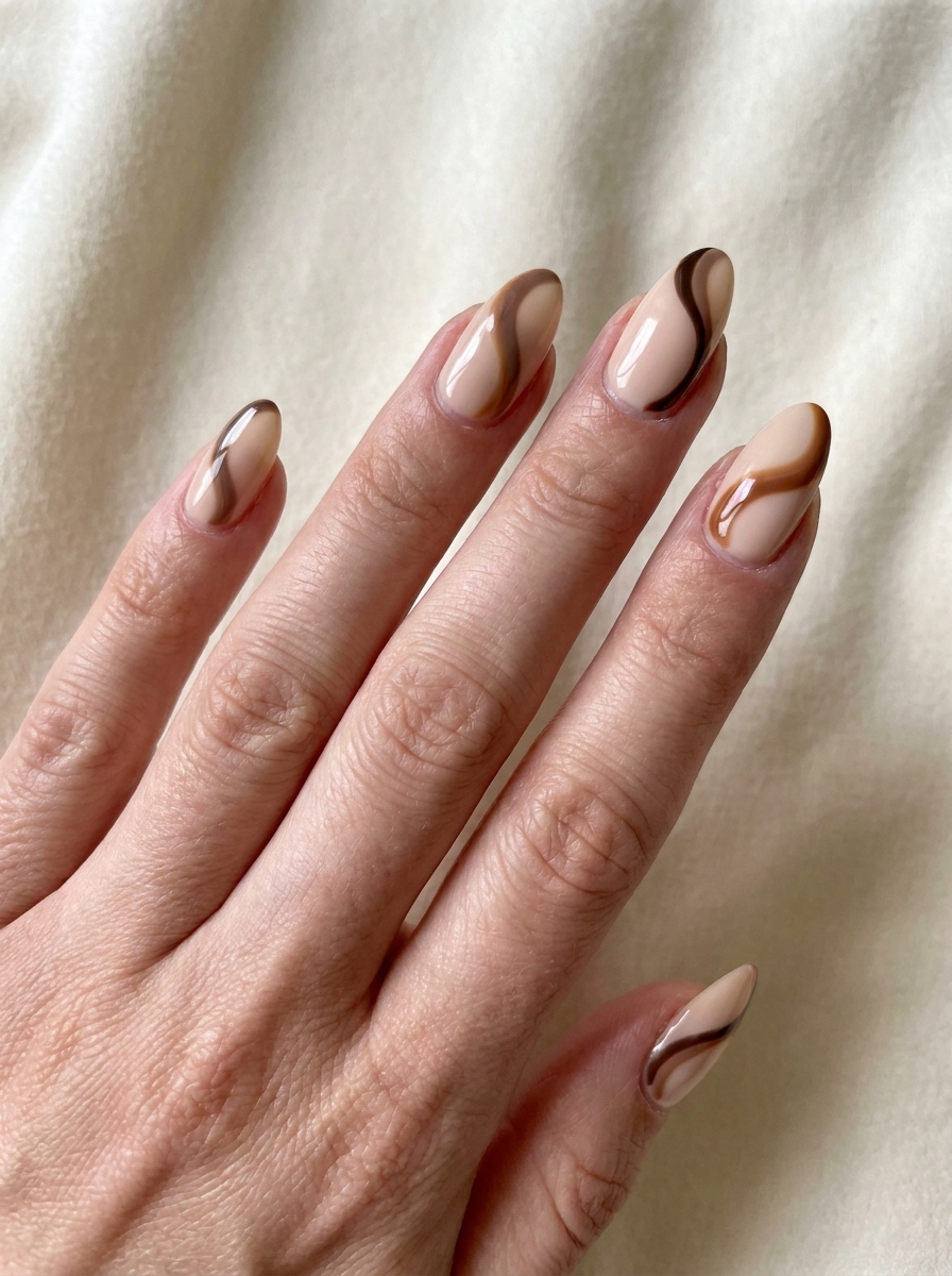 Mocha and caramel swirl nail art