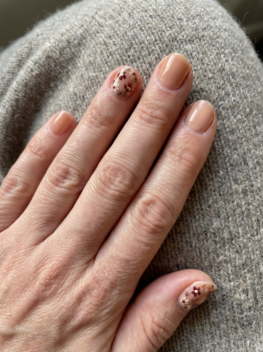 Short nails with autumn floral details