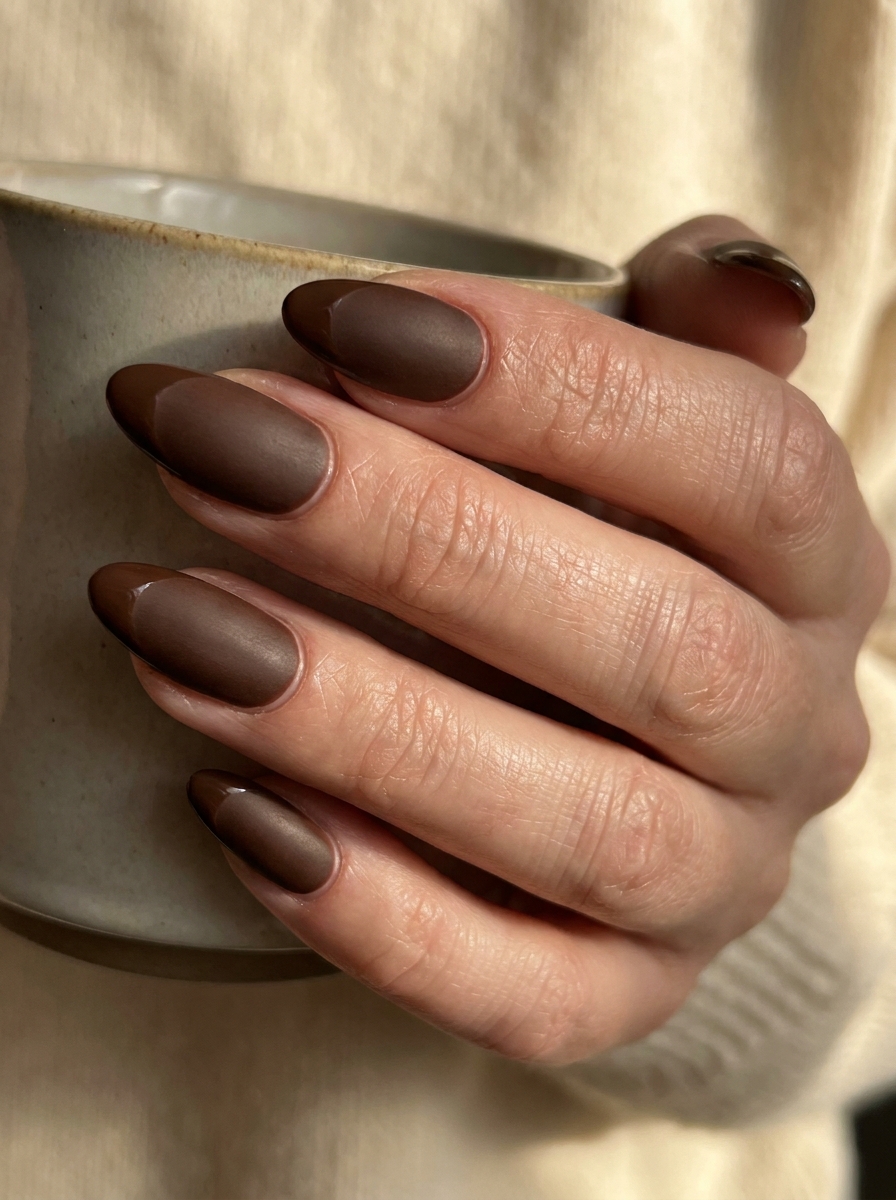Matte chocolate brown nails with glossy tips
