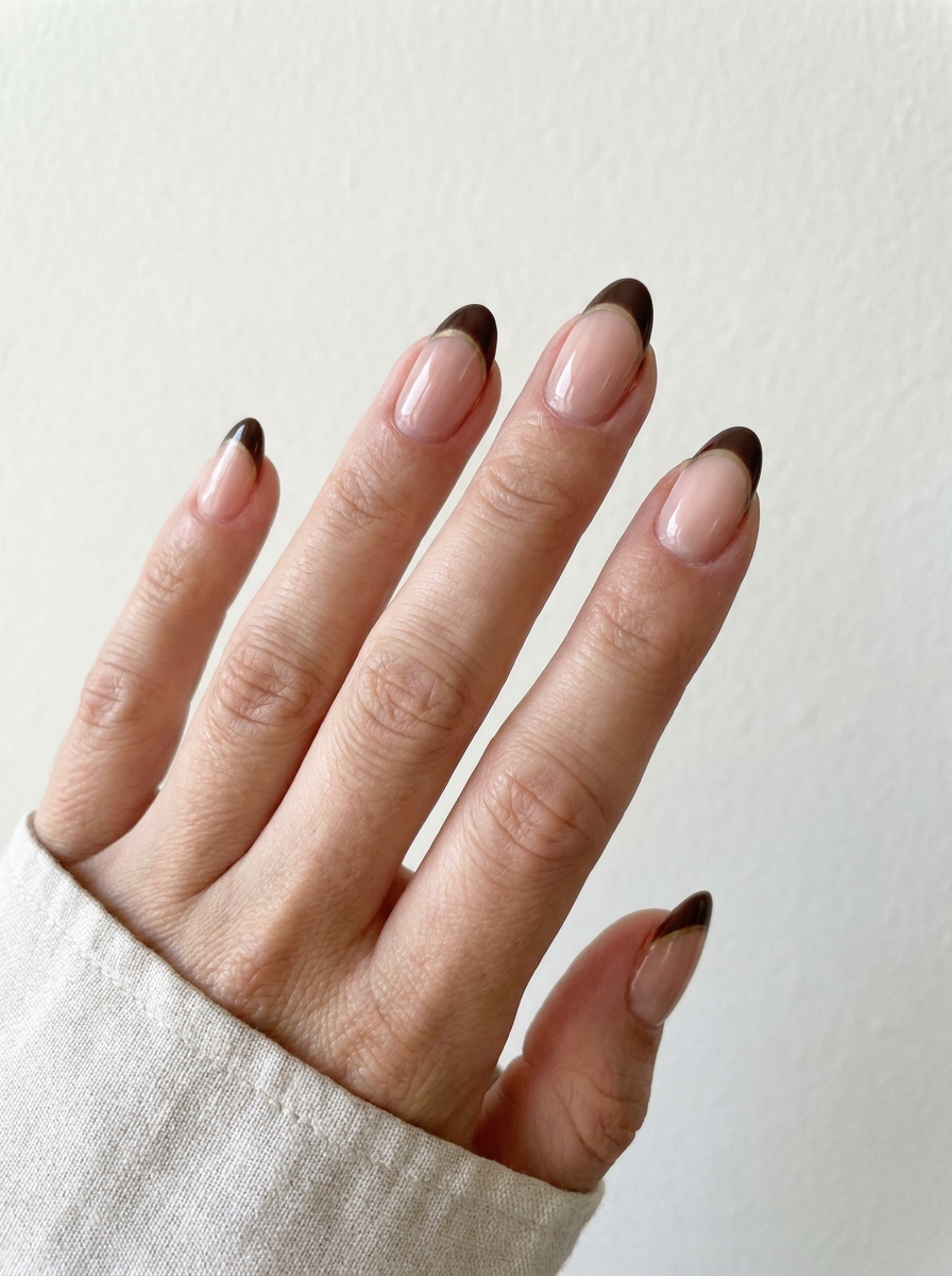 Espresso French tips with gold line accent