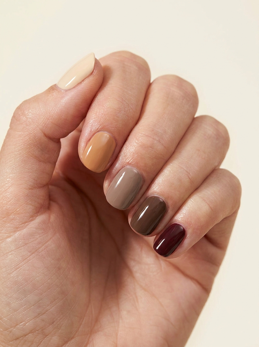 Mixed autumn neutral nails from cream to burgundy