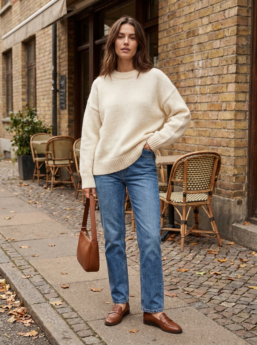 Cream knit sweater with straight-leg jeans and brown loafers