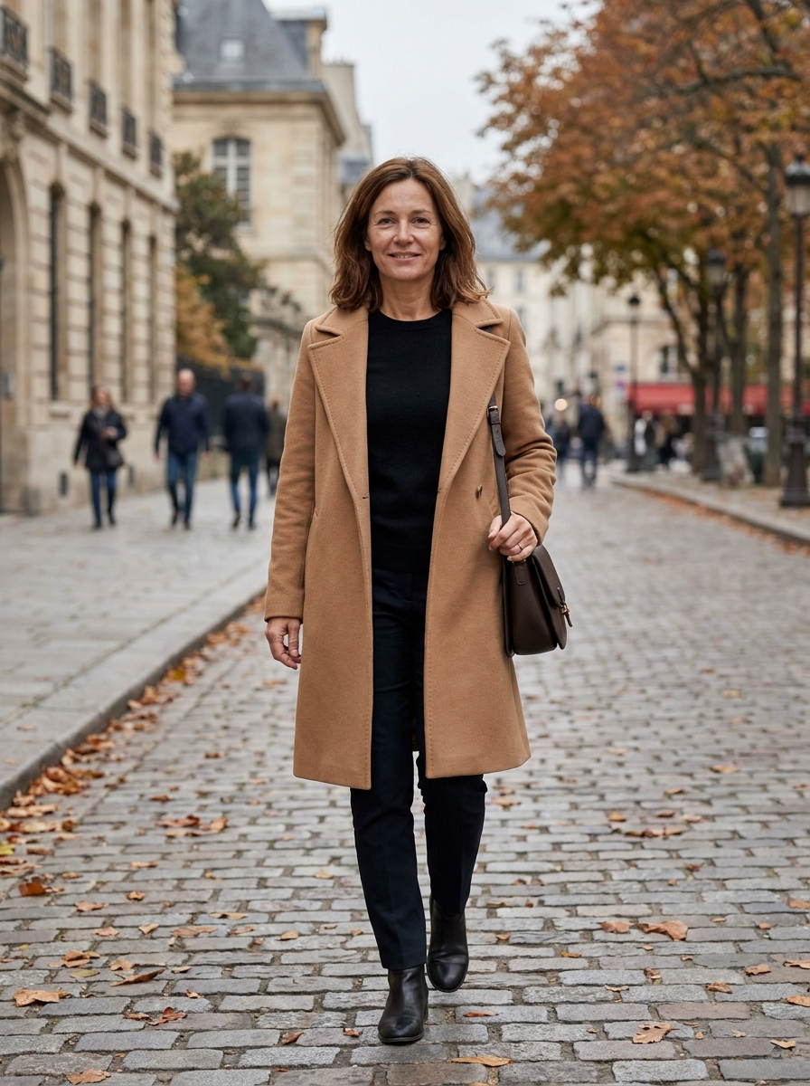 Long camel coat over black knit and tailored trousers