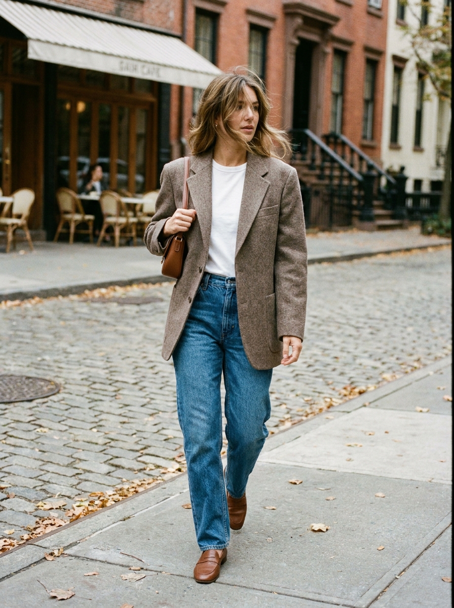 Oversized taupe blazer with white tee and blue denim