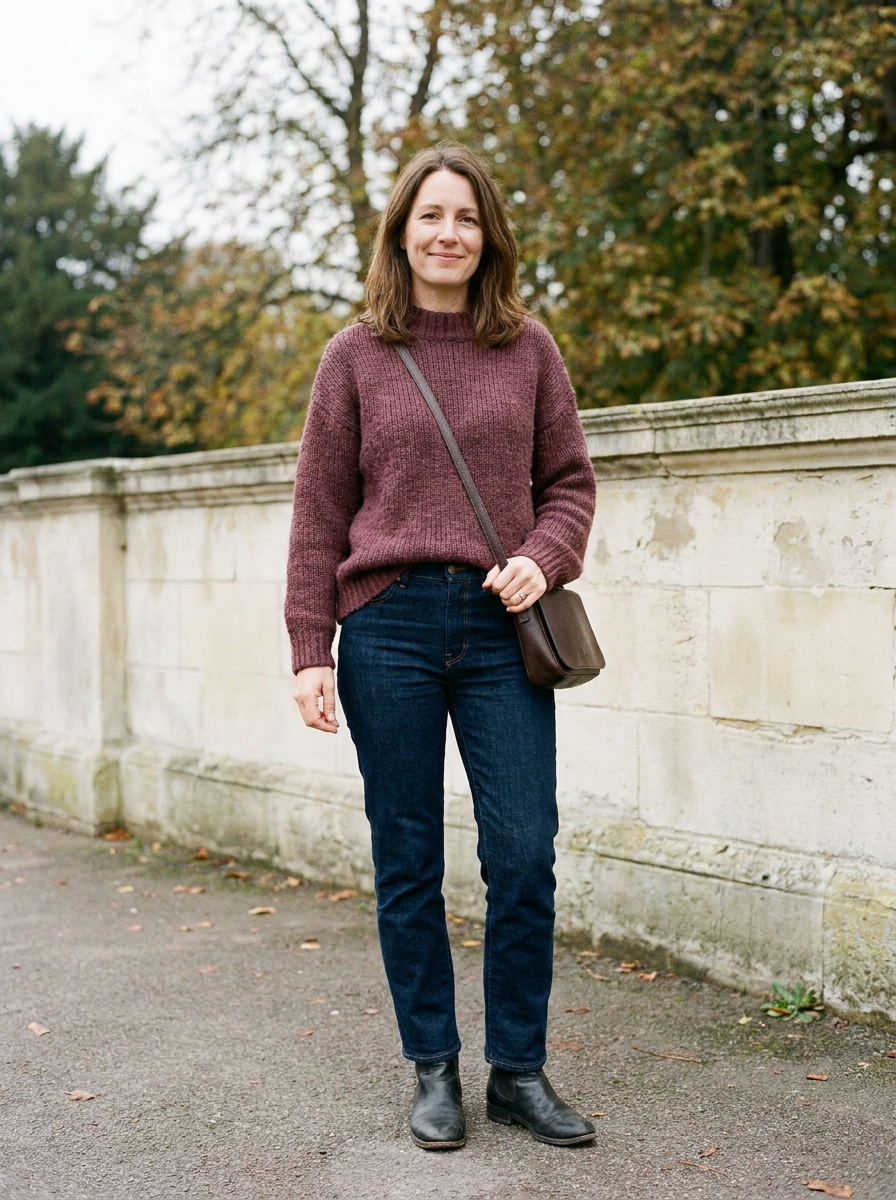 Muted burgundy knit sweater with dark indigo jeans