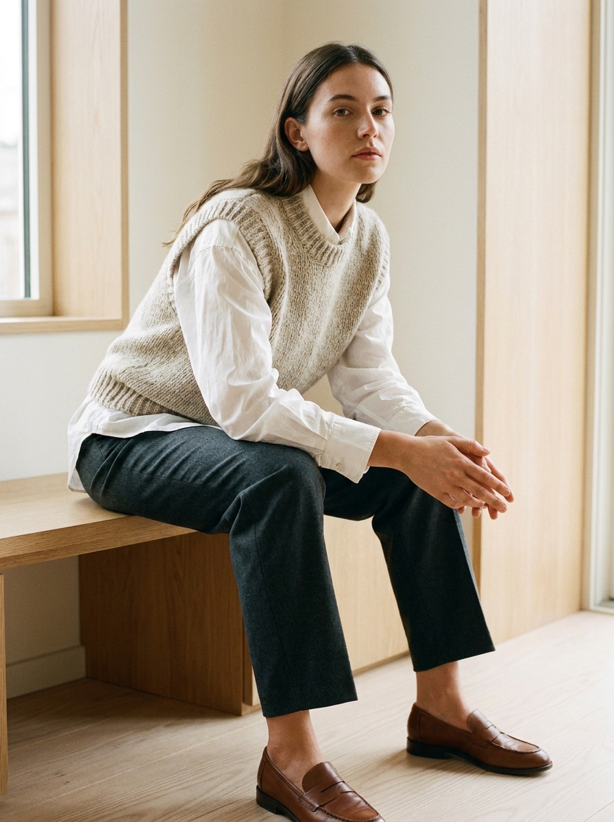 Oatmeal sweater vest over white button-down shirt