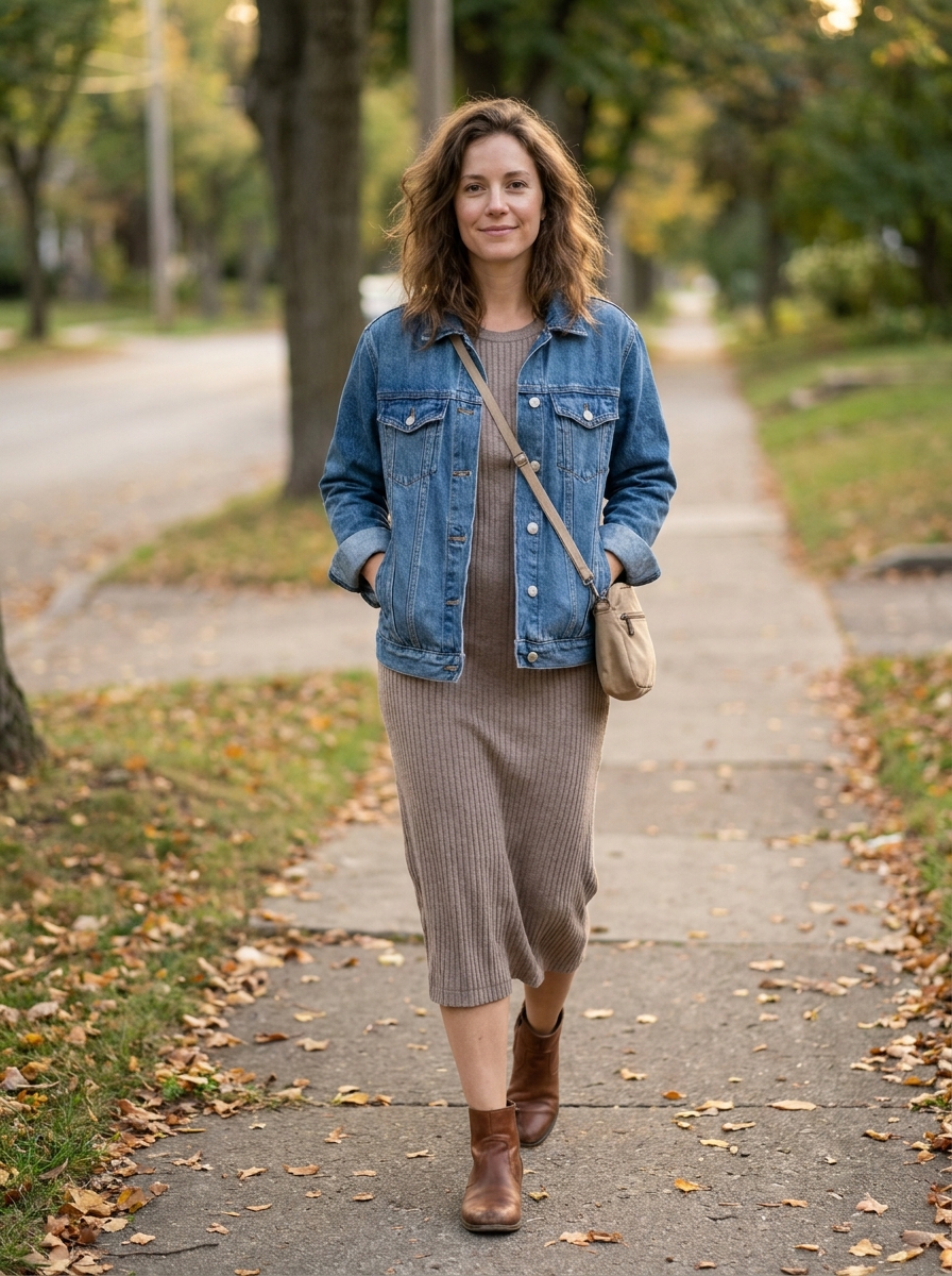 Ribbed taupe knit midi dress with denim jacket