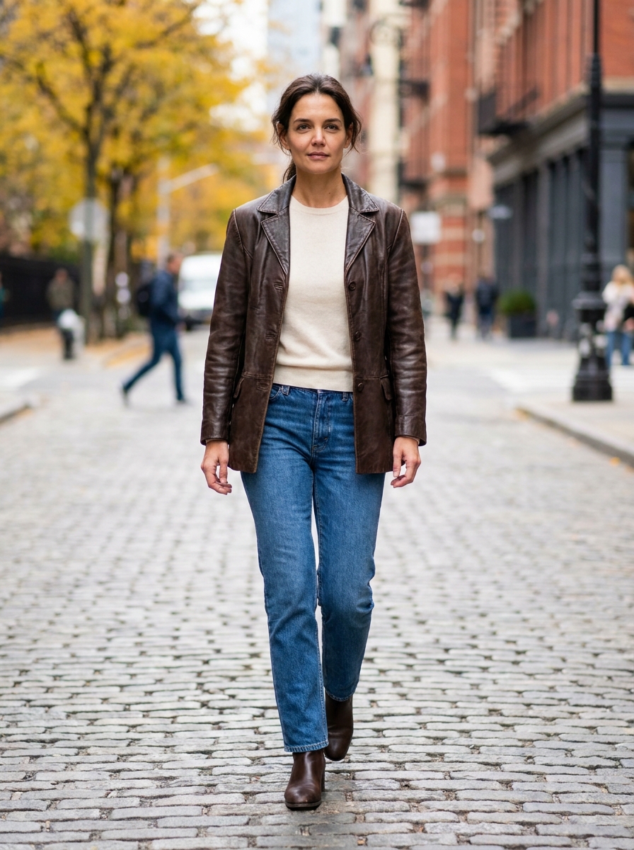 Dark brown leather jacket with cream knit and jeans
