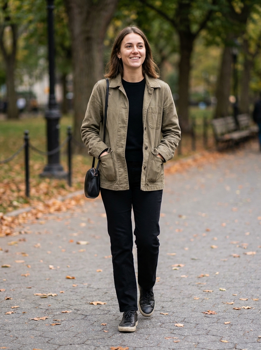 Muted olive jacket over black basics