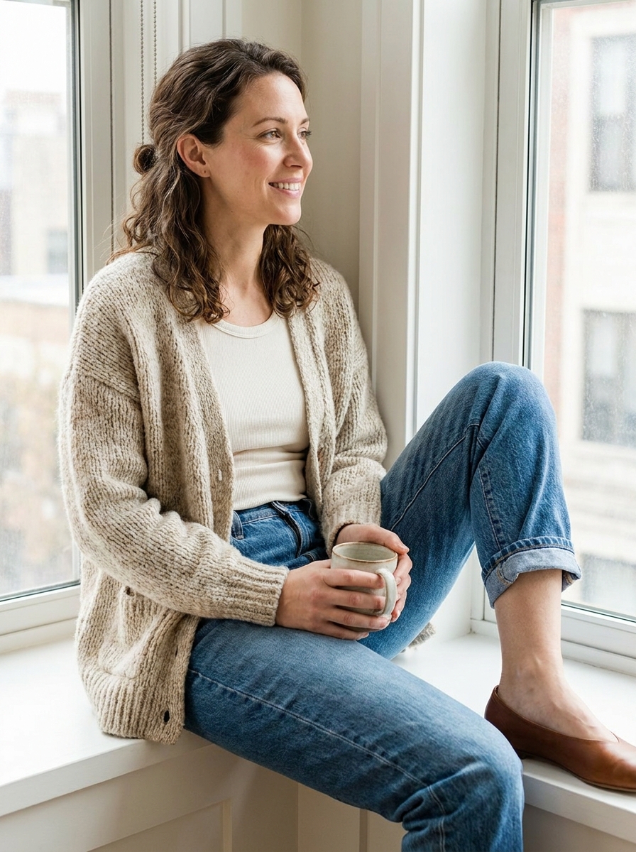 Oatmeal cardigan over ivory tank with relaxed jeans