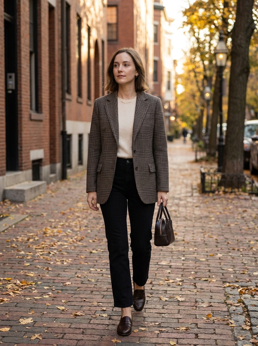 Plaid blazer with black straight jeans