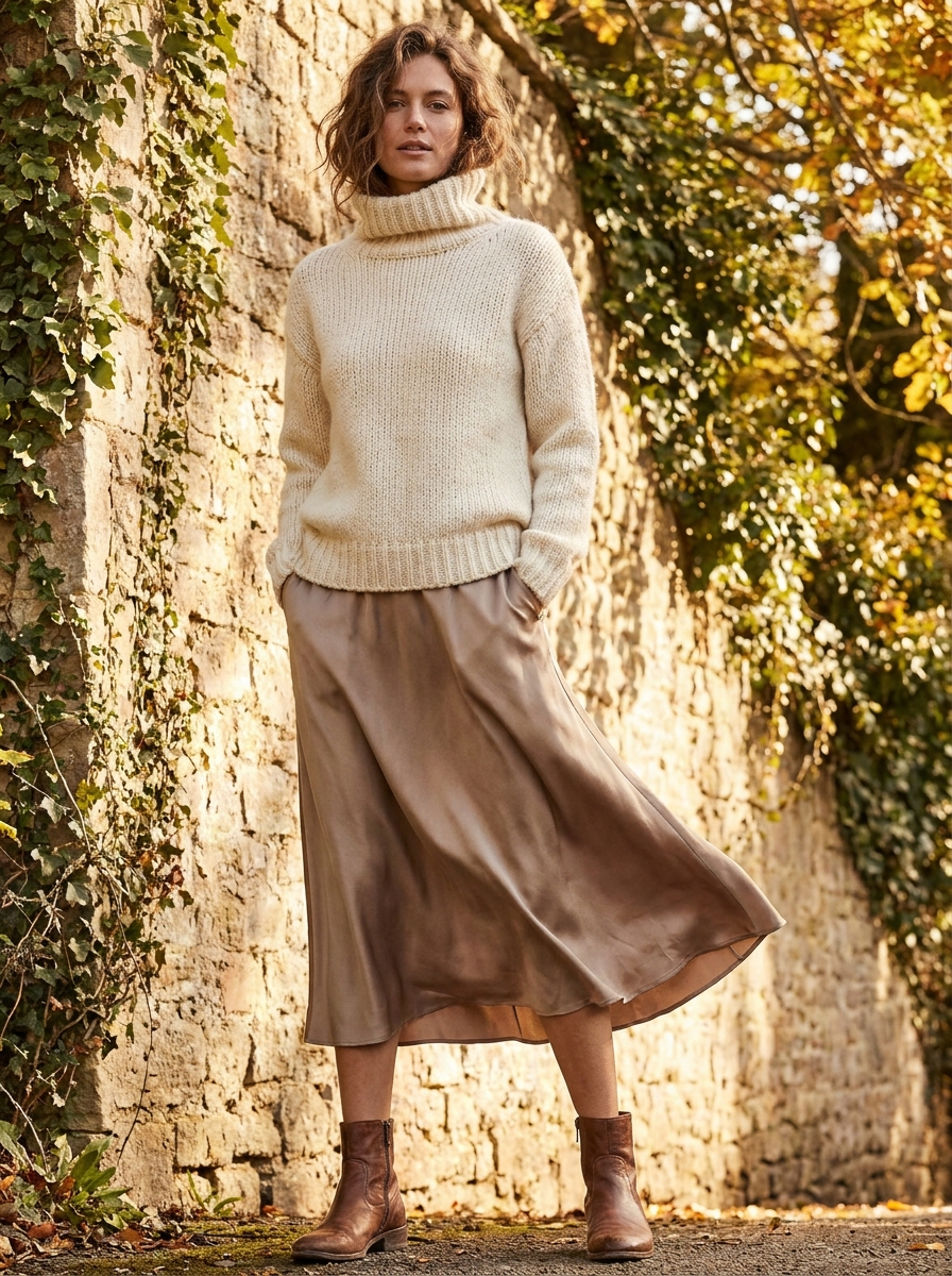 Chunky cream knit sweater with bronze satin midi skirt