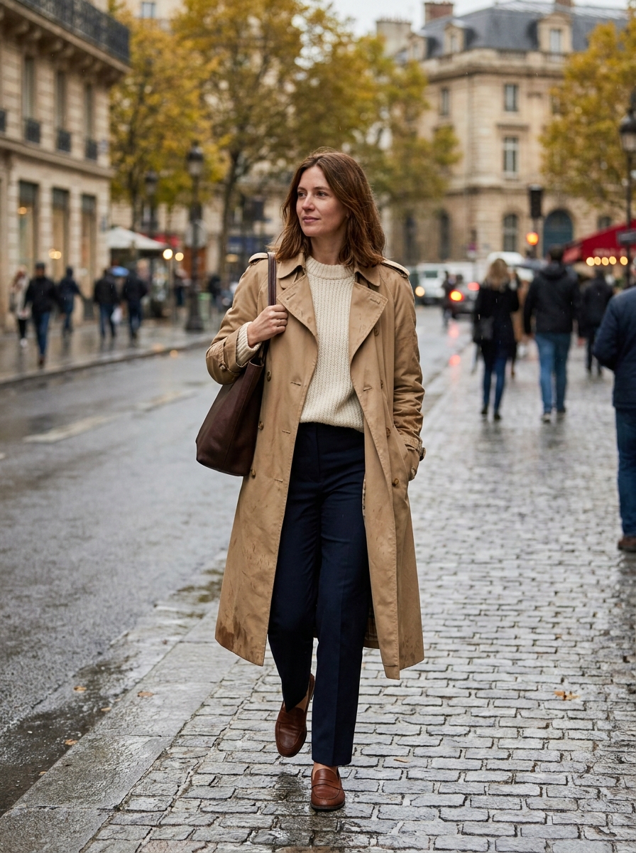 Beige trench coat over cream knit with loafers