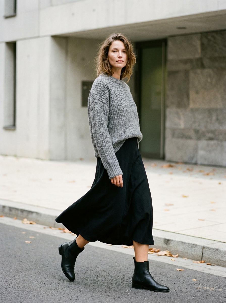Heather gray knit sweater with black midi skirt