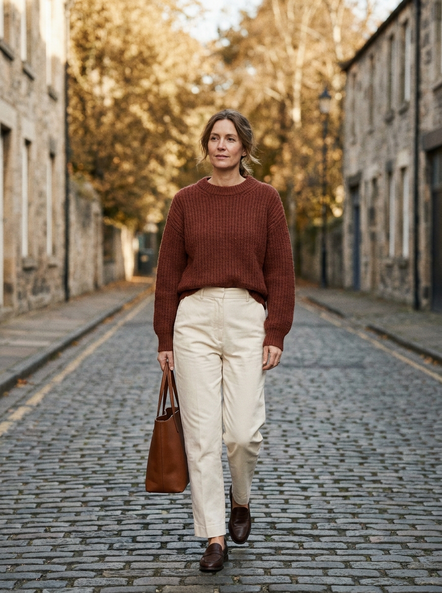Rust knit sweater with high-waisted cream trousers