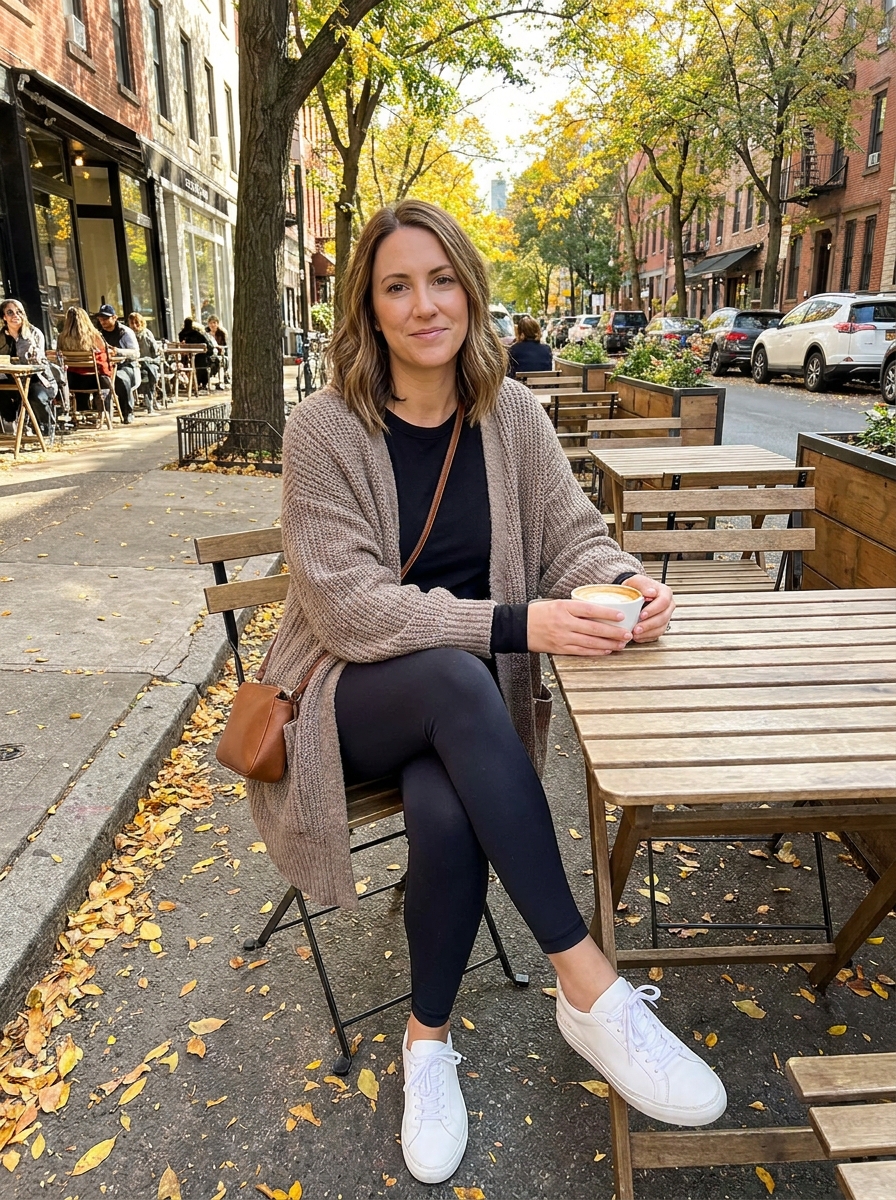 Long taupe cardigan over black top and leggings