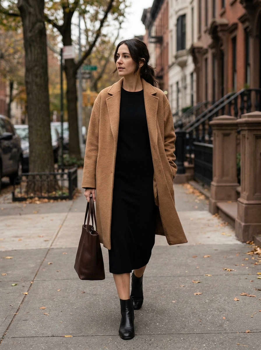 Black midi dress with camel wool coat