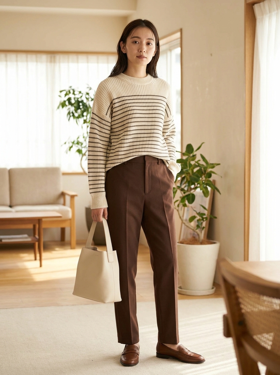 Cream and brown striped knit sweater with chocolate trousers