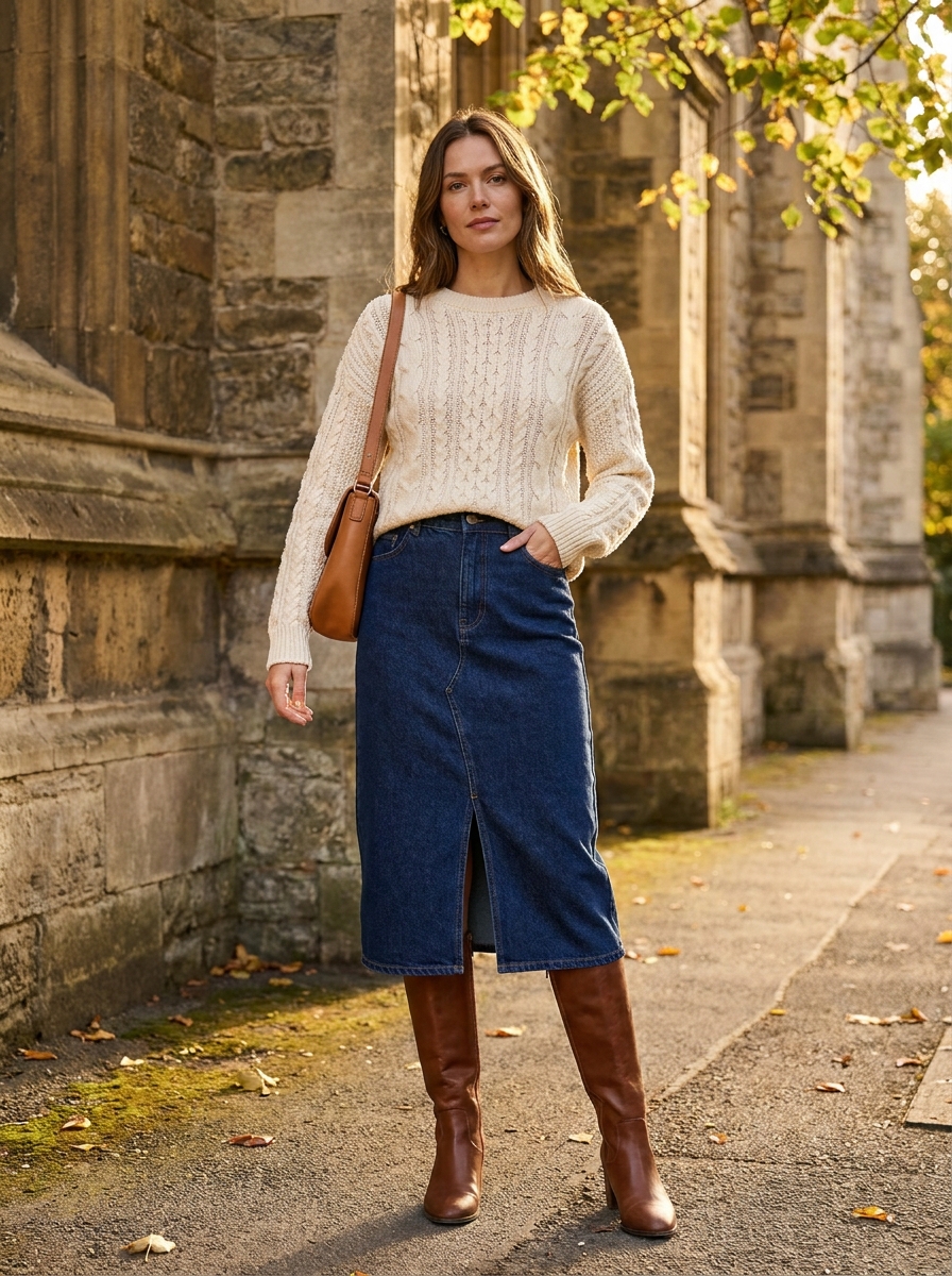 Denim midi skirt with lightweight cream sweater