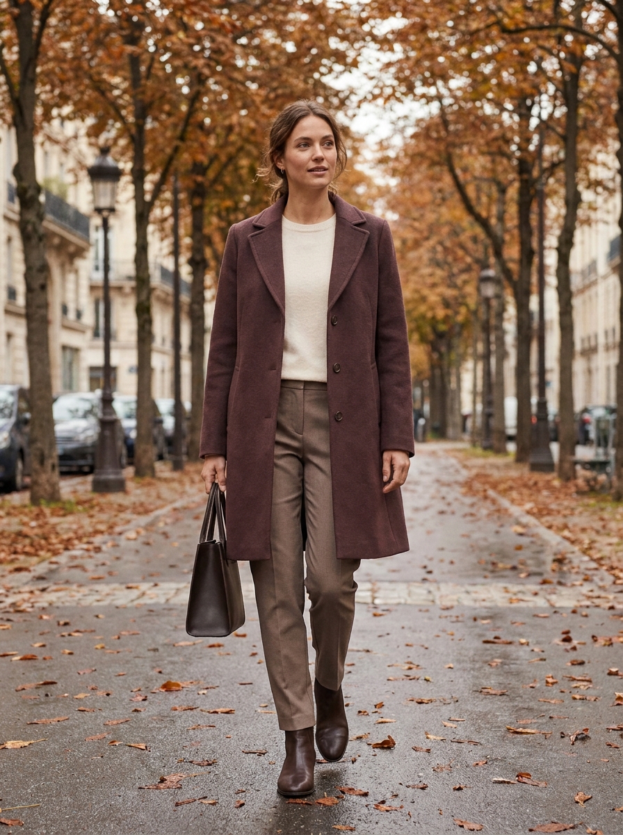 Deep burgundy wool coat with neutral layers