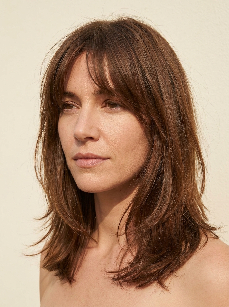 Medium layered hair with wispy bangs