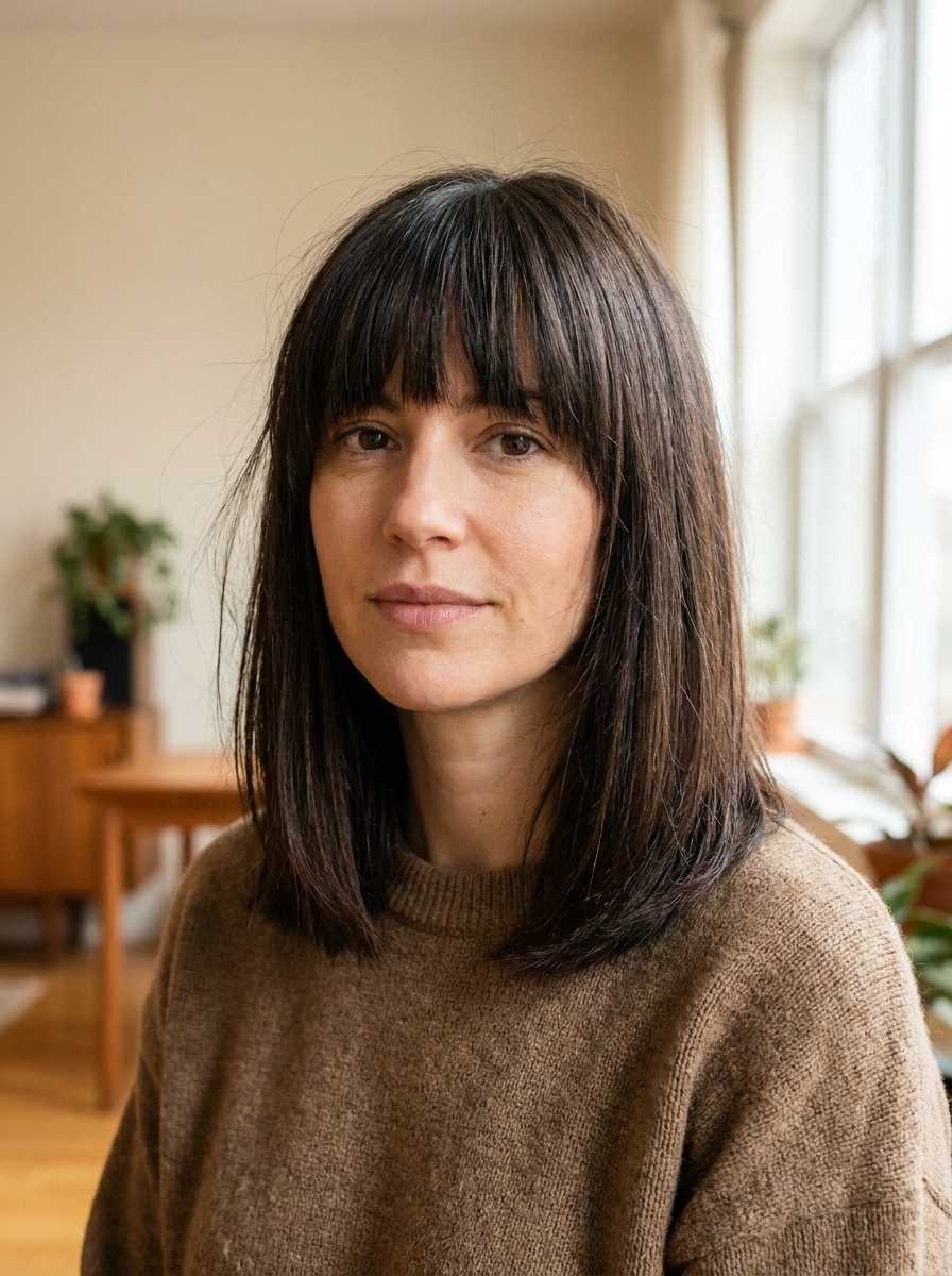 Blunt medium cut with full bangs