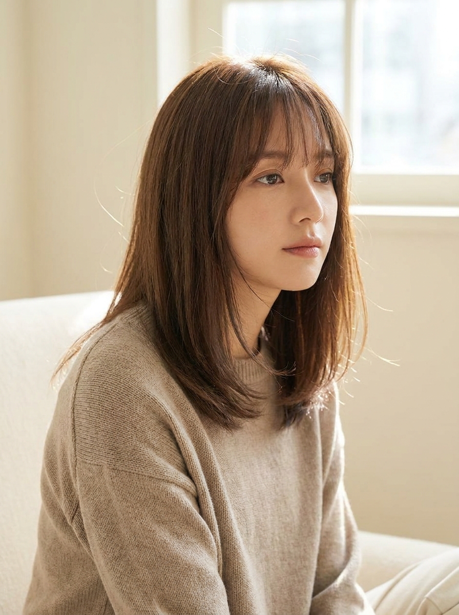 Straight mid-length hair with soft fringe