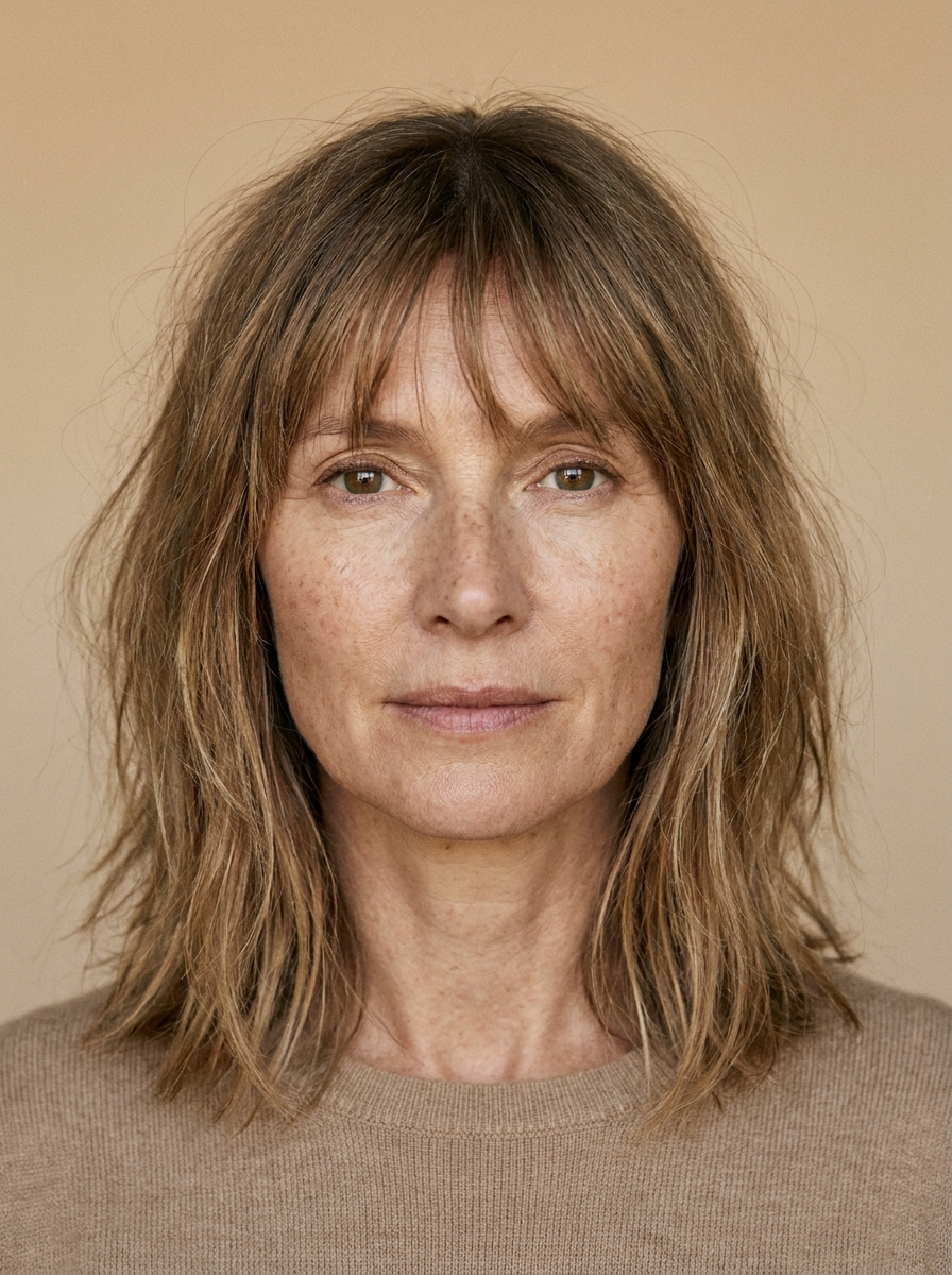 Textured medium lob with wispy bangs