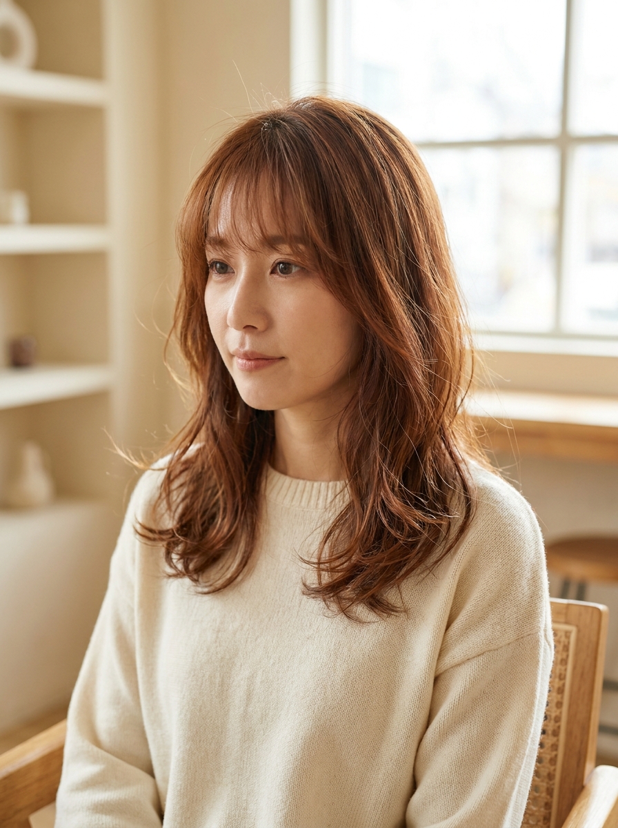 Medium hair with face framing layers and fringe