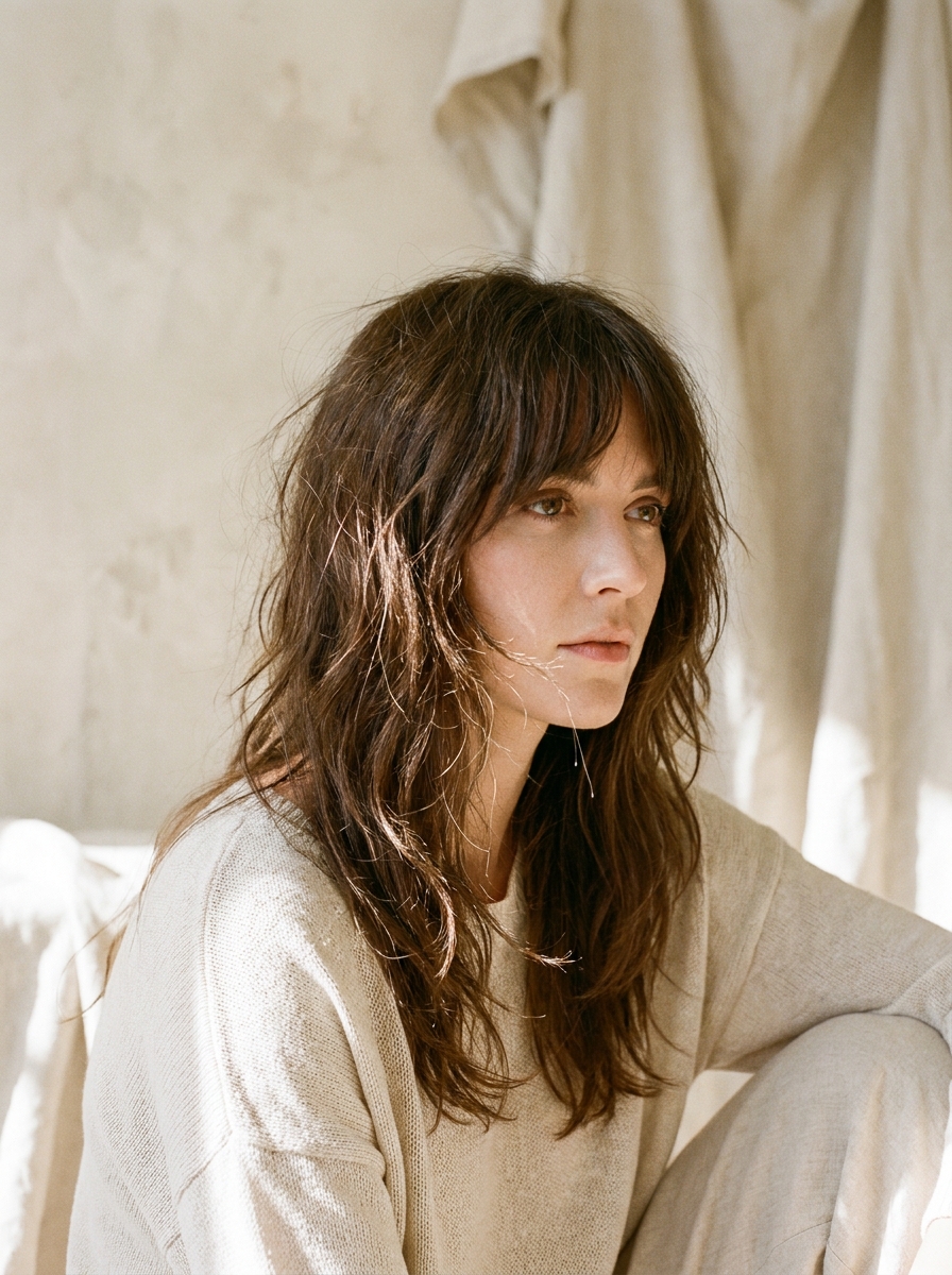 Medium hair with shaggy layers and curtain fringe