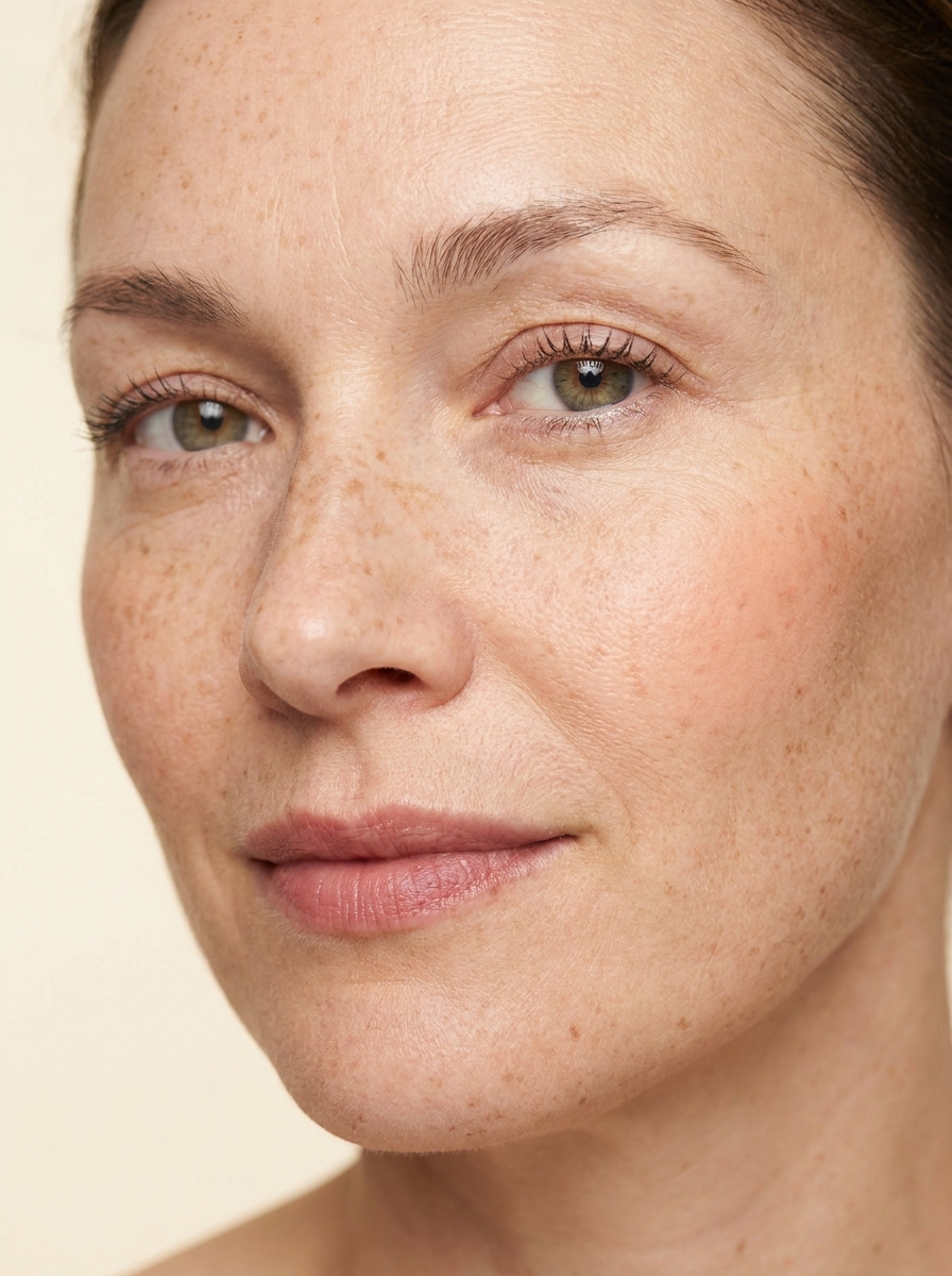 Natural makeup with visible freckles