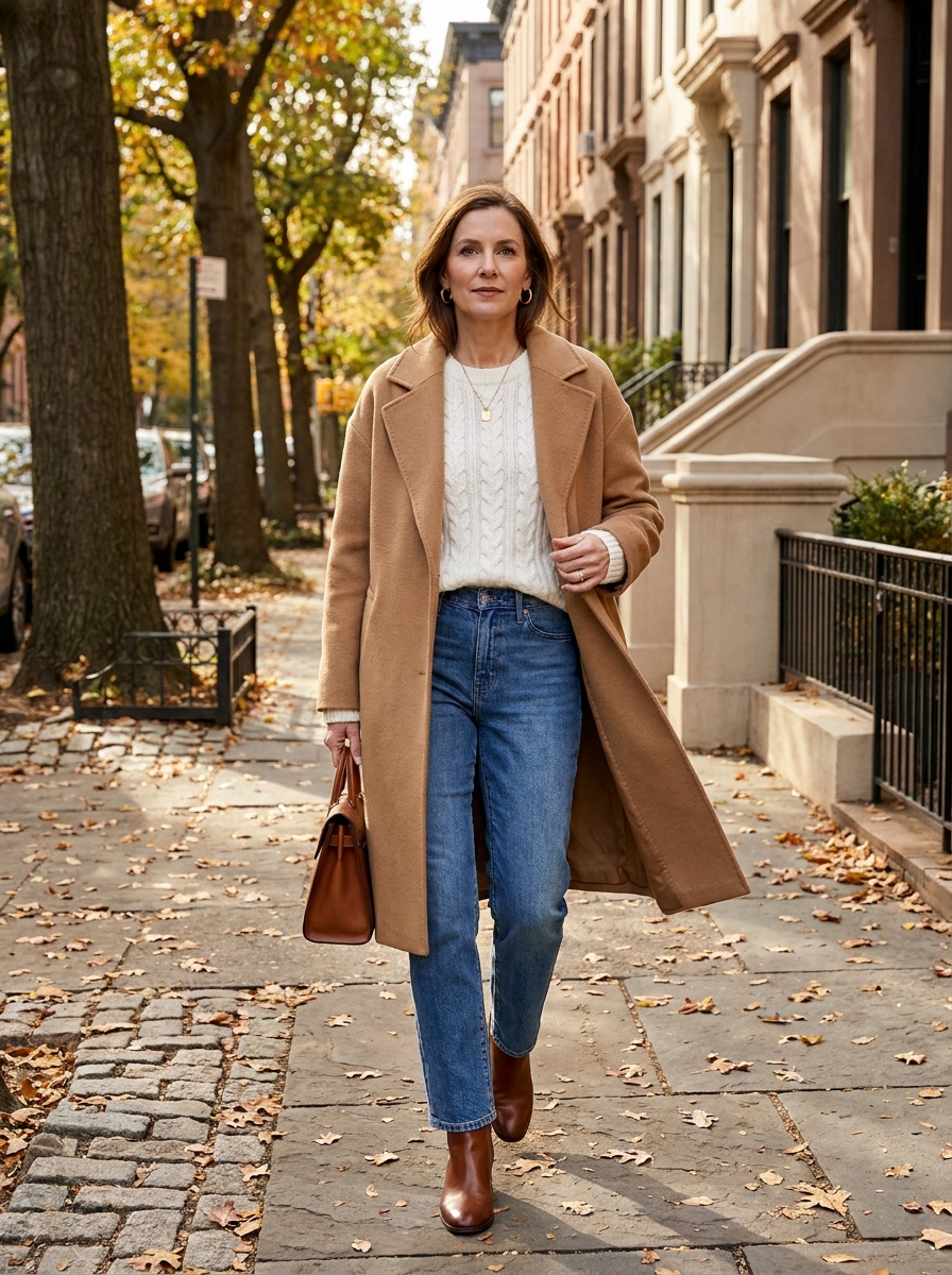 Camel Coat with White Knit and Straight-Leg Jeans