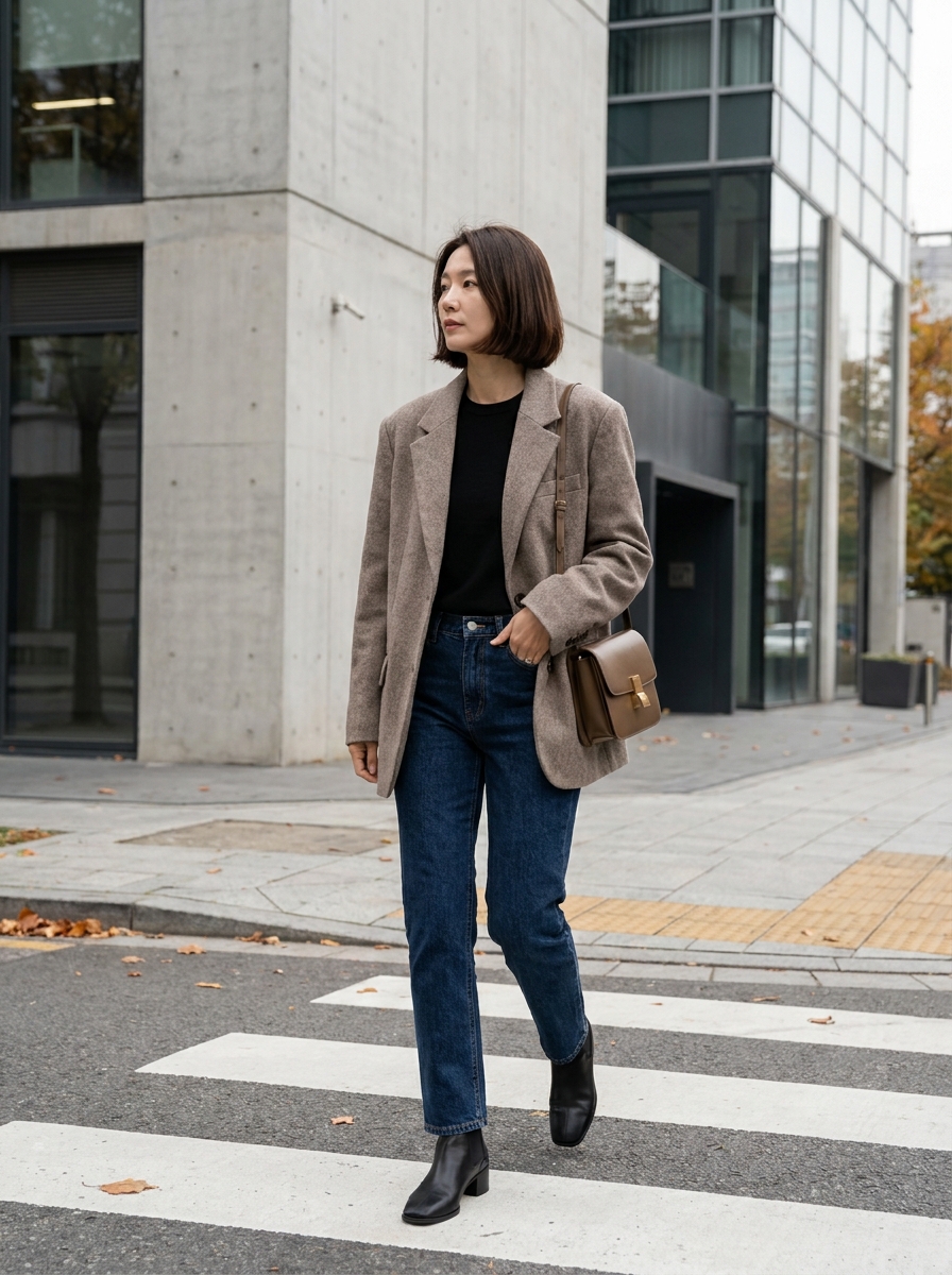 Oversized Blazer with Black Top and Dark Denim