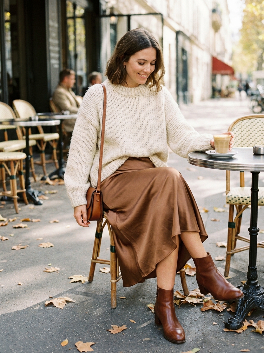 Chunky Sweater with Satin Midi Skirt