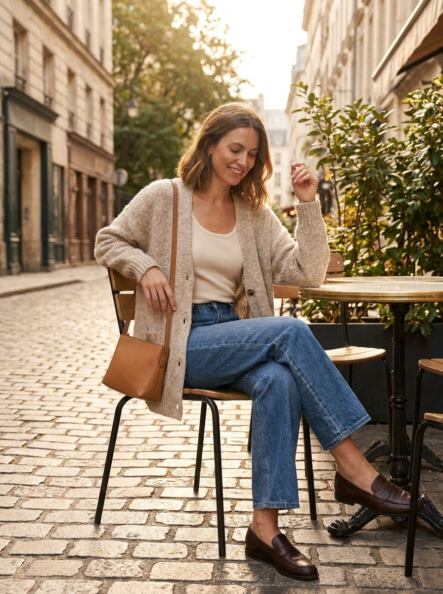 Cardigan with Tank Top and Wide-Leg Jeans