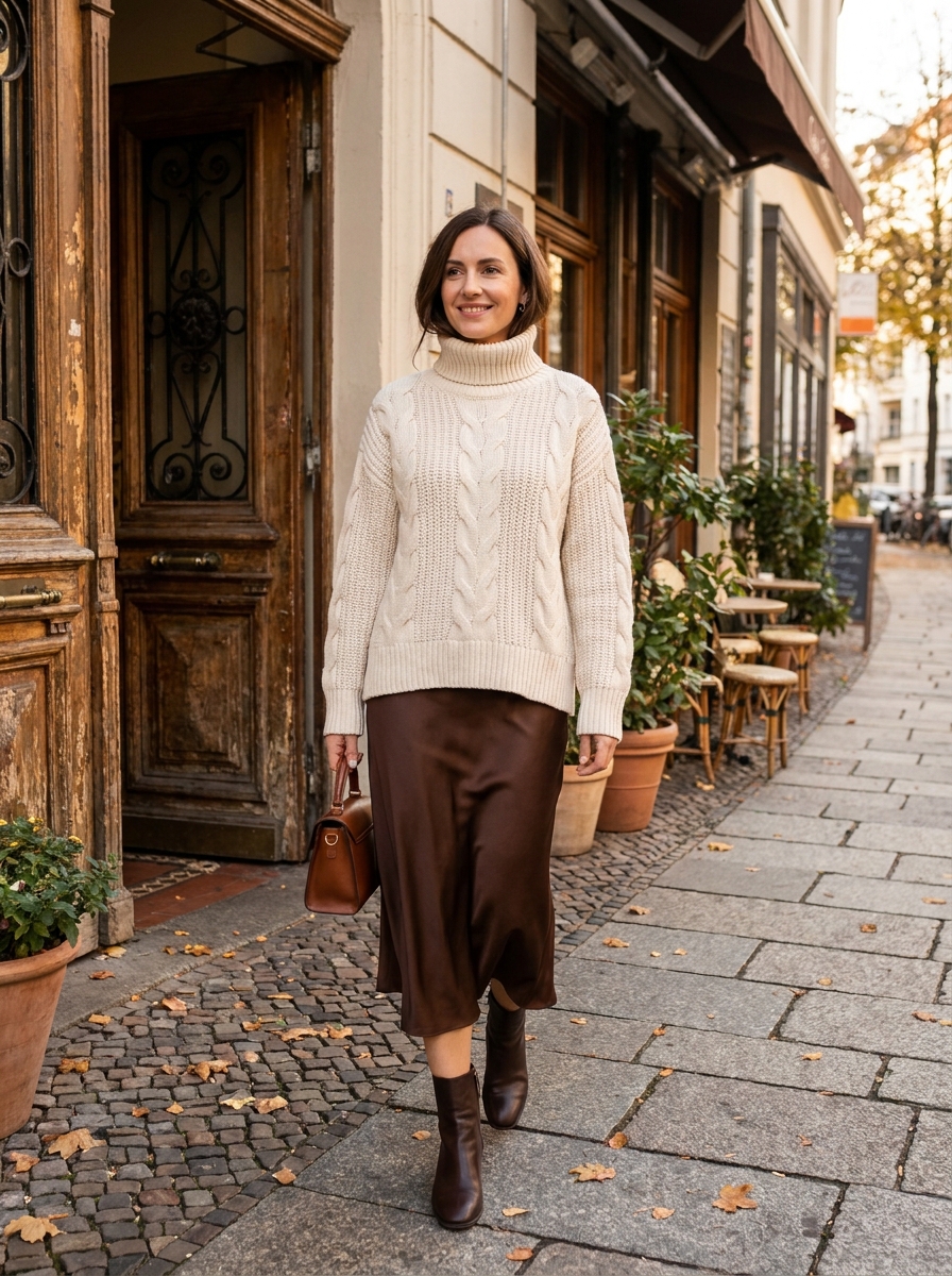 Buttoned Cardigan with Midi Denim Skirt