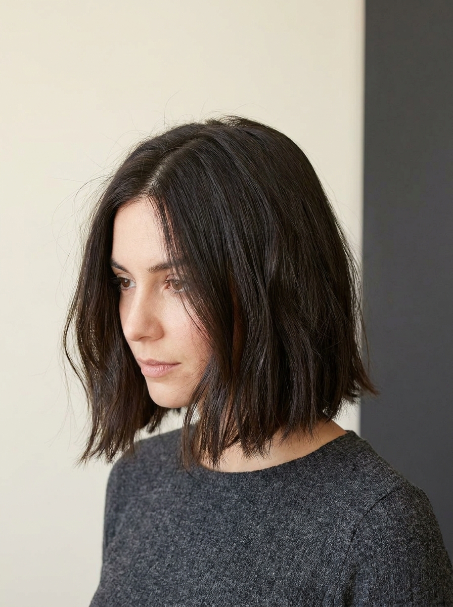 Short blunt dark brunette bob