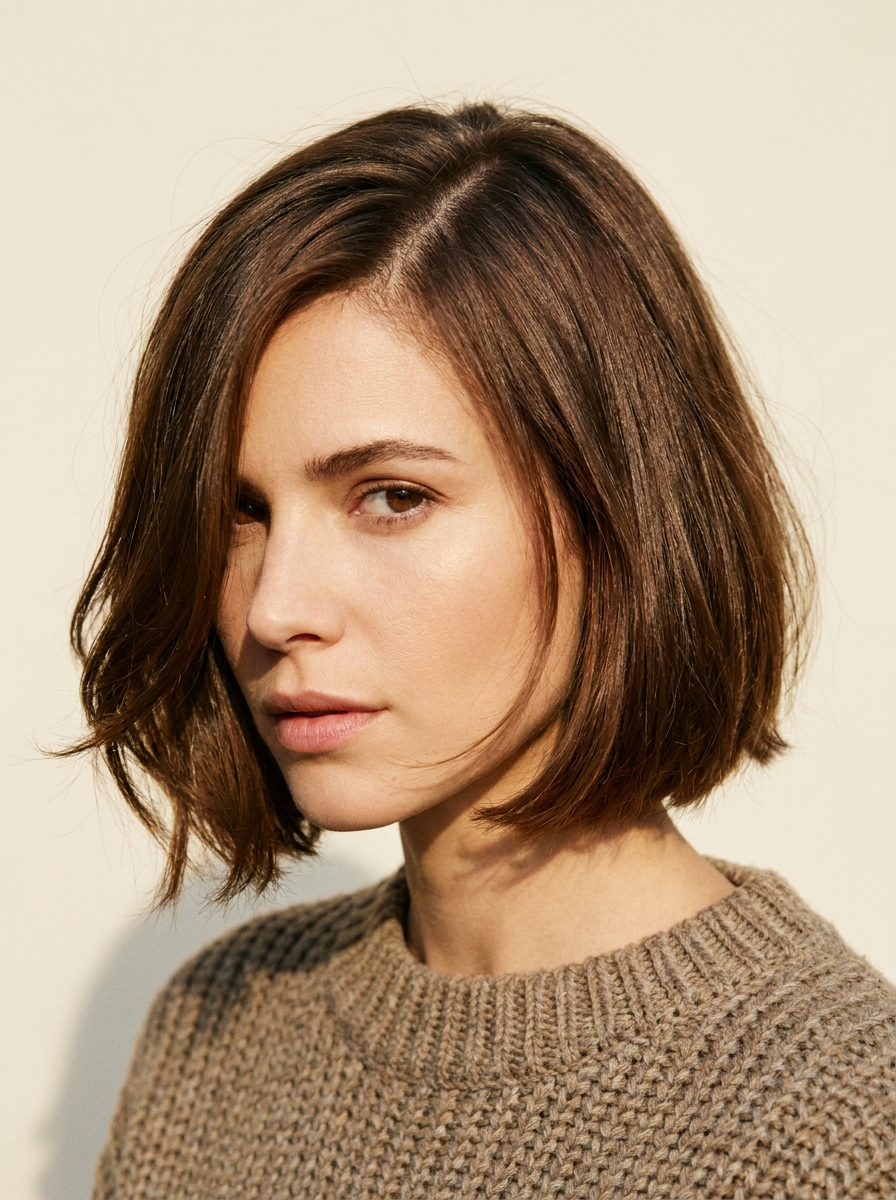 Side parted chestnut short bob