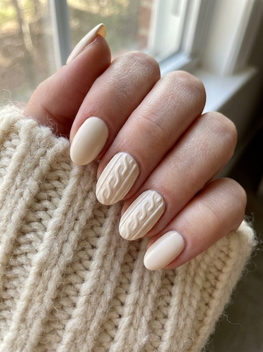 Cream Cable-Knit Sweater Nails