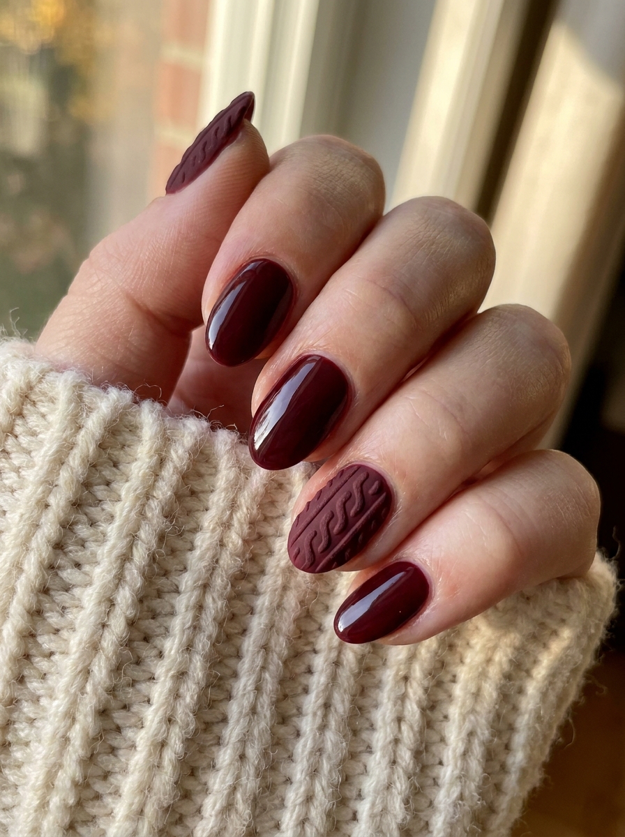 Burgundy Cable-Knit Nails