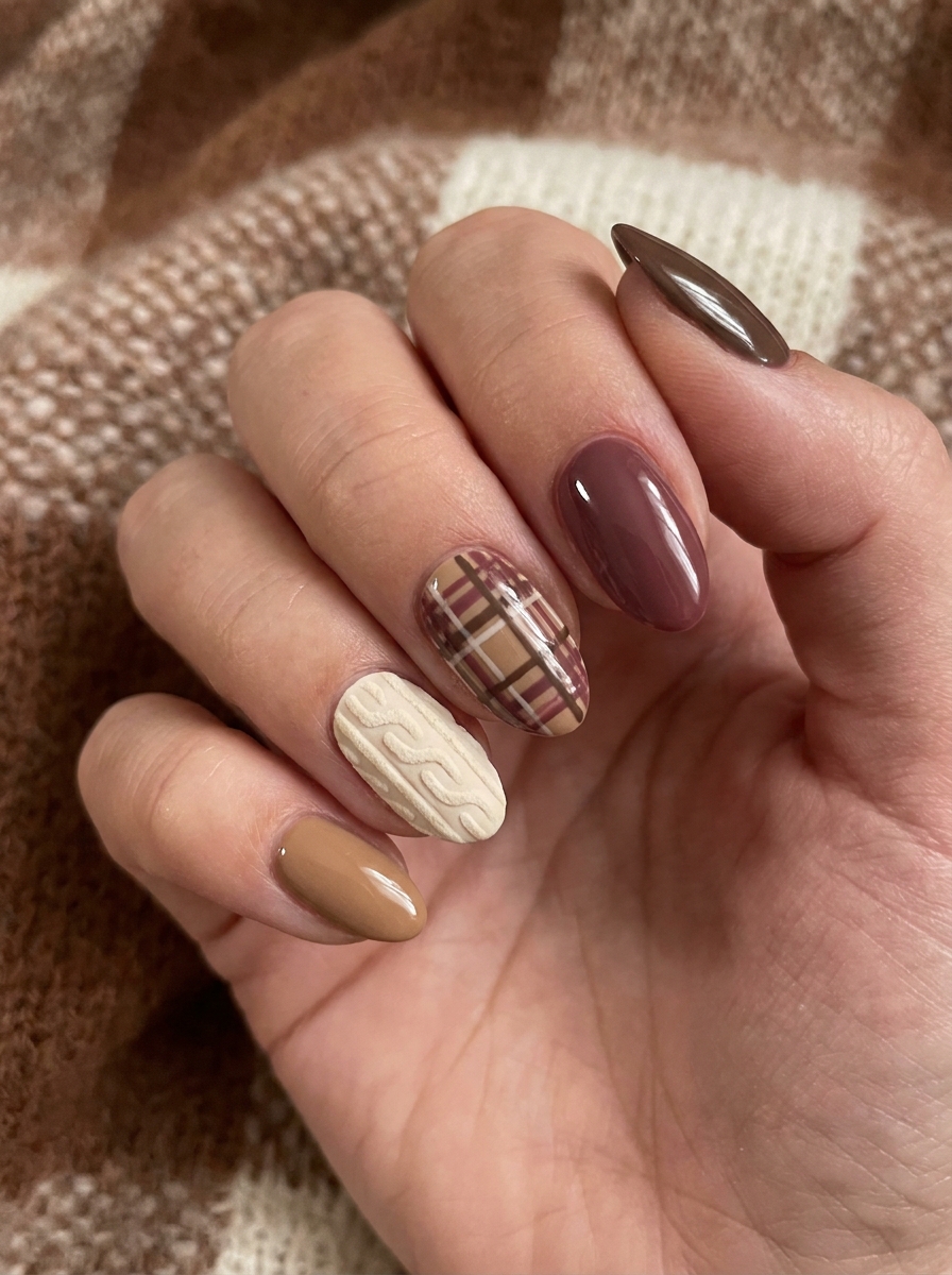 Mocha Sweater Nails with Gold Detail