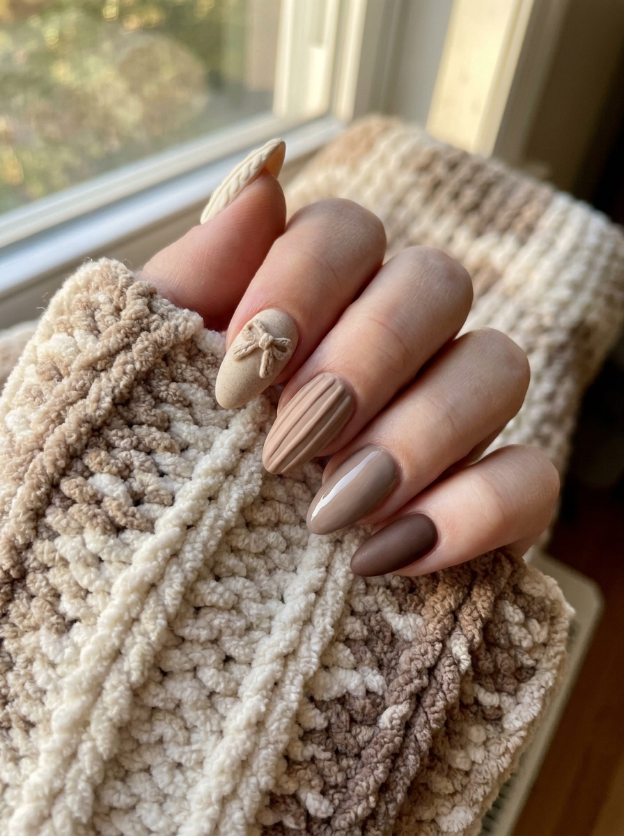 Espresso Sweater Nails with Glossy Tips